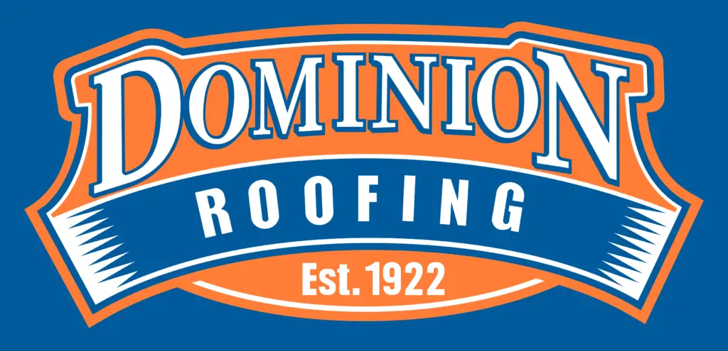 Logo for Dominion Roofing with Roofing in white on a blue banner, arched above Est. 1922. The word Dominion is prominent in white with orange accents on a blue and orange background. Dominion Roofing | BRAMPTON | BURLINGTON | ETOBICOKE | MARKHAM | MISSISSAUGA | NORTH YORK | OAKVILLE | RICHMOND HILL | Scarborough | TORONTO | VAUGHAN | dominionroofing.com | Phone Number: 416-789-0601