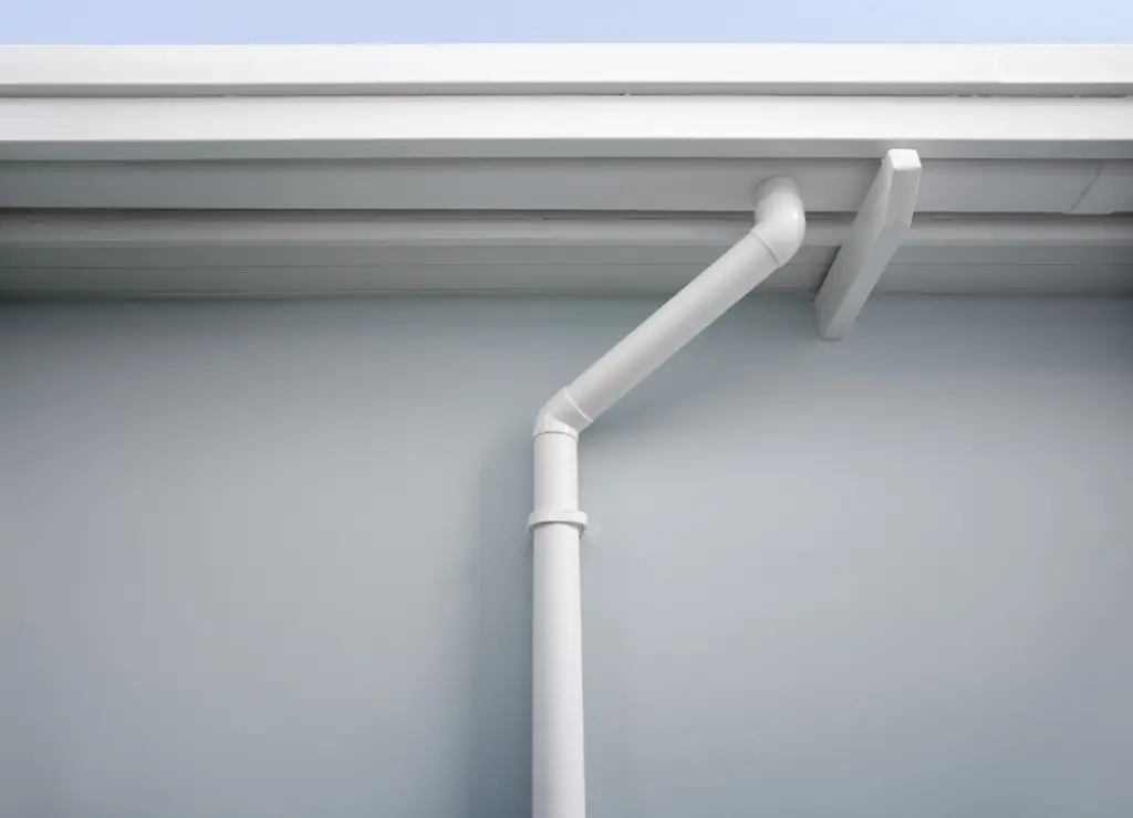 A white rain gutter system on a light blue wall, with a downspout extending vertically. The structure is set against a clear sky, showcasing clean lines and a minimalist design. Dominion Roofing | BRAMPTON | BURLINGTON | ETOBICOKE | MARKHAM | MISSISSAUGA | NORTH YORK | OAKVILLE | RICHMOND HILL | Scarborough | TORONTO | VAUGHAN | dominionroofing.com | Phone Number: 416-789-0601