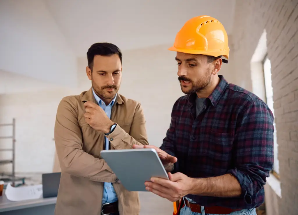 Two men stand in a well-lit room. One, in a construction helmet and plaid shirt, holds a tablet. The other, in a beige jacket, looks at the tablet thoughtfully. A ladder is in the background against a white brick wall. Dominion Roofing | BRAMPTON | BURLINGTON | ETOBICOKE | MARKHAM | MISSISSAUGA | NORTH YORK | OAKVILLE | RICHMOND HILL | Scarborough | TORONTO | VAUGHAN | dominionroofing.com | Phone Number: 416-789-0601