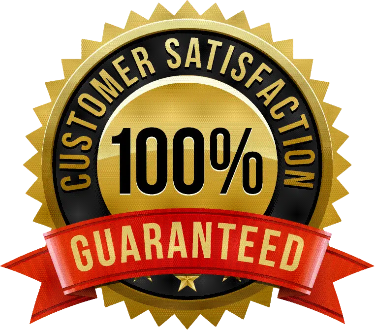 Gold badge with a black center featuring 100% Customer Satisfaction Guaranteed in bold letters. The badge is surrounded by a red ribbon banner with three stars at the bottom. Dominion Roofing | BRAMPTON | BURLINGTON | ETOBICOKE | MARKHAM | MISSISSAUGA | NORTH YORK | OAKVILLE | RICHMOND HILL | Scarborough | TORONTO | VAUGHAN | dominionroofing.com | Phone Number: 416-789-0601