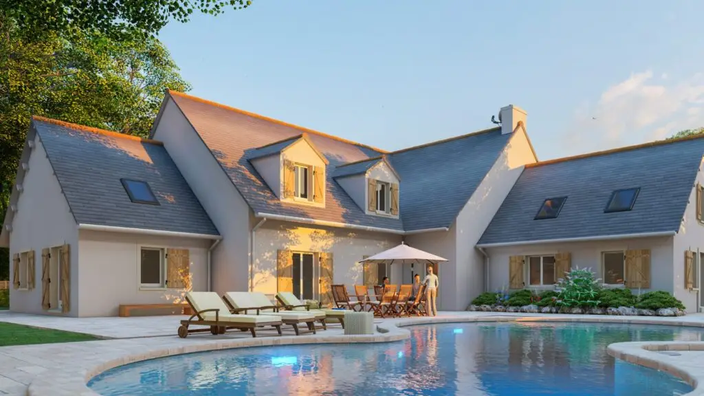 A modern two-story house with beige walls and a gray roof, featuring multiple windows with wooden shutters. The outdoor area includes a swimming pool, sun loungers, and a patio set under an umbrella, surrounded by greenery and trees. Dominion Roofing | BRAMPTON | BURLINGTON | ETOBICOKE | MARKHAM | MISSISSAUGA | NORTH YORK | OAKVILLE | RICHMOND HILL | Scarborough | TORONTO | VAUGHAN | dominionroofing.com | Phone Number: 416-789-0601