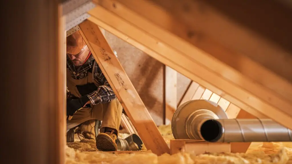 A construction worker is focused on a task in an attic. He is wearing a hard hat and plaid shirt. Wooden beams and insulation surround him, and a duct runs alongside. The workspace is dimly lit and confined. Dominion Roofing | BRAMPTON | BURLINGTON | ETOBICOKE | MARKHAM | MISSISSAUGA | NORTH YORK | OAKVILLE | RICHMOND HILL | Scarborough | TORONTO | VAUGHAN | dominionroofing.com | Phone Number: 416-789-0601