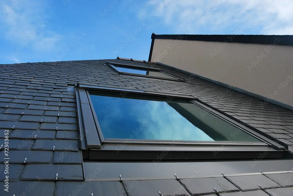 Modern building with dark gray, slate-tiled roof and walls, featuring two large windows reflecting a clear blue sky. Perspective is angled upwards, emphasizing the sharp lines and sleek design against the backdrop of the sky. Dominion Roofing | BRAMPTON | BURLINGTON | ETOBICOKE | MARKHAM | MISSISSAUGA | NORTH YORK | OAKVILLE | RICHMOND HILL | Scarborough | TORONTO | VAUGHAN | dominionroofing.com | Phone Number: 416-789-0601