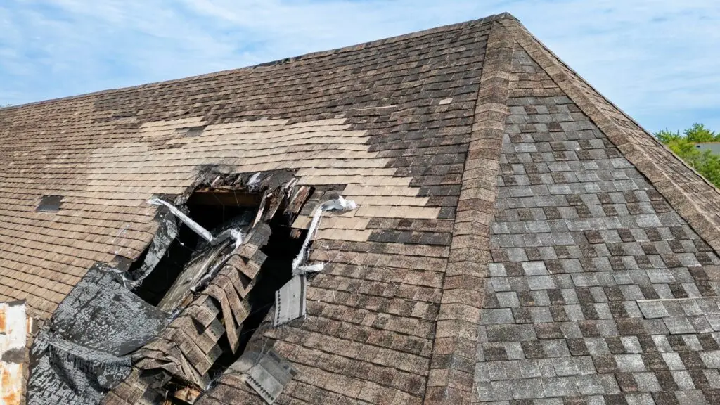 A roof with asphalt shingles shows significant damage, featuring a large hole with torn and exposed underlayment. The shingles appear worn and mismatched, with some missing entirely. The sky is partly cloudy in the background. Dominion Roofing | BRAMPTON | BURLINGTON | ETOBICOKE | MARKHAM | MISSISSAUGA | NORTH YORK | OAKVILLE | RICHMOND HILL | Scarborough | TORONTO | VAUGHAN | dominionroofing.com | Phone Number: 416-789-0601