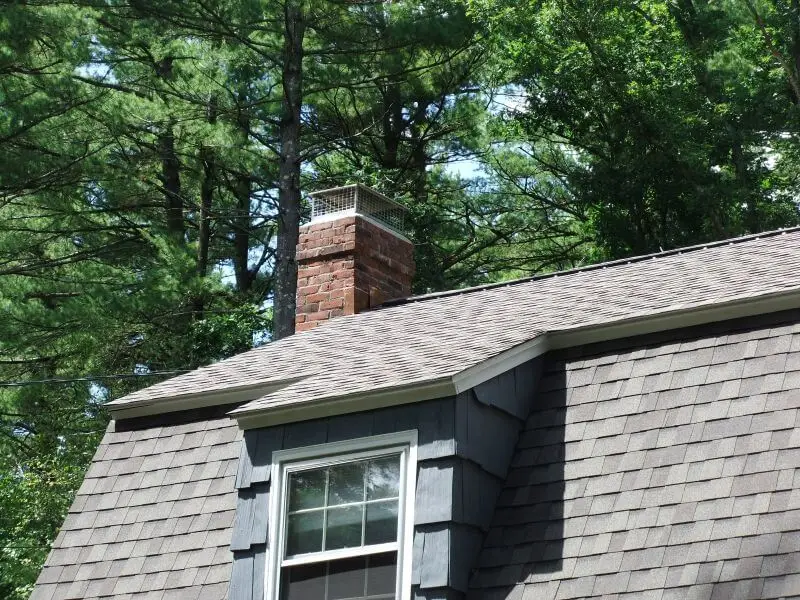 A residential shingle roofing system with gray shingles and a dormer window is showcased. A brick chimney extends upward, topped with a metal cap, framed by tall green pine trees and a clear sky. Dominion Roofing | BRAMPTON | BURLINGTON | ETOBICOKE | MARKHAM | MISSISSAUGA | NORTH YORK | OAKVILLE | RICHMOND HILL | Scarborough | TORONTO | VAUGHAN | dominionroofing.com | Phone Number: 416-789-0601