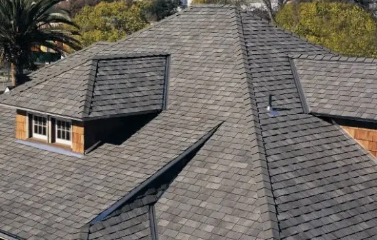A gray shingled roof with multiple slopes and angles, showcasing two dormer windows with white frames, exemplifies the elegance of residential shingle roofing. The roof is nestled among green trees, with a palm tree visible in the background. Dominion Roofing | BRAMPTON | BURLINGTON | ETOBICOKE | MARKHAM | MISSISSAUGA | NORTH YORK | OAKVILLE | RICHMOND HILL | Scarborough | TORONTO | VAUGHAN | dominionroofing.com | Phone Number: 416-789-0601