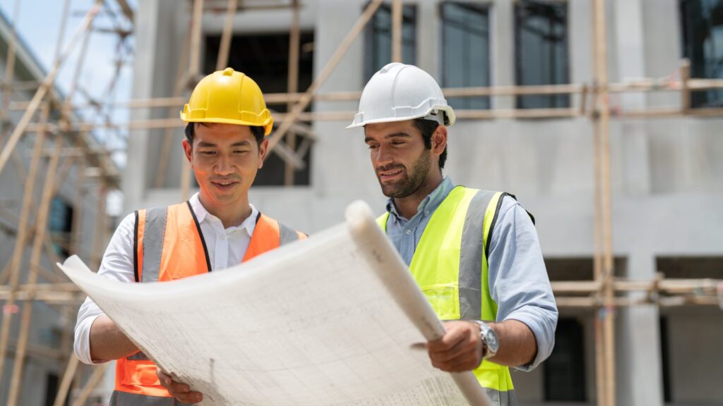 Two construction workers in helmets and safety vests examine blueprints at a construction site, with scaffolding and a building in the background. Dominion Roofing | BRAMPTON | BURLINGTON | ETOBICOKE | MARKHAM | MISSISSAUGA | NORTH YORK | OAKVILLE | RICHMOND HILL | Scarborough | TORONTO | VAUGHAN | dominionroofing.com | Phone Number: 416-789-0601