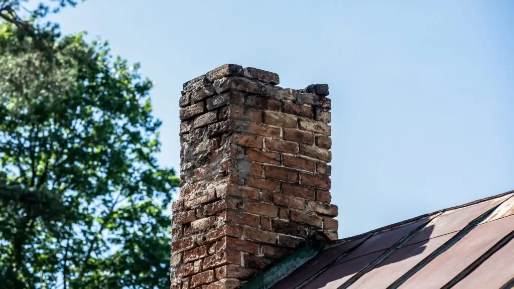 Old brick chimney on a metal roof with visible weathering and cracks, against a backdrop of a clear blue sky and green leafy trees. Dominion Roofing | BRAMPTON | BURLINGTON | ETOBICOKE | MARKHAM | MISSISSAUGA | NORTH YORK | OAKVILLE | RICHMOND HILL | Scarborough | TORONTO | VAUGHAN | dominionroofing.com | Phone Number: 416-789-0601