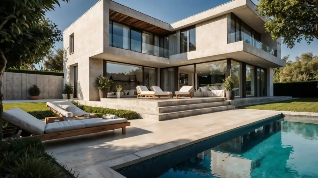 A modern, two-story house with large glass windows sits by a rectangular swimming pool. The patio features cushioned lounge chairs and is surrounded by greenery under a clear blue sky. Dominion Roofing | BRAMPTON | BURLINGTON | ETOBICOKE | MARKHAM | MISSISSAUGA | NORTH YORK | OAKVILLE | RICHMOND HILL | Scarborough | TORONTO | VAUGHAN | dominionroofing.com | Phone Number: 416-789-0601