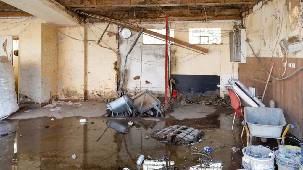 Abandoned, dilapidated room with a broken ceiling and flooded floor. Debris includes a fallen chair, broken table, and scattered trash. Exposed wires and pipes hang from the ceiling, and a broken pallet and wheelbarrow are visible. Dominion Roofing | BRAMPTON | BURLINGTON | ETOBICOKE | MARKHAM | MISSISSAUGA | NORTH YORK | OAKVILLE | RICHMOND HILL | Scarborough | TORONTO | VAUGHAN | dominionroofing.com | Phone Number: 416-789-0601