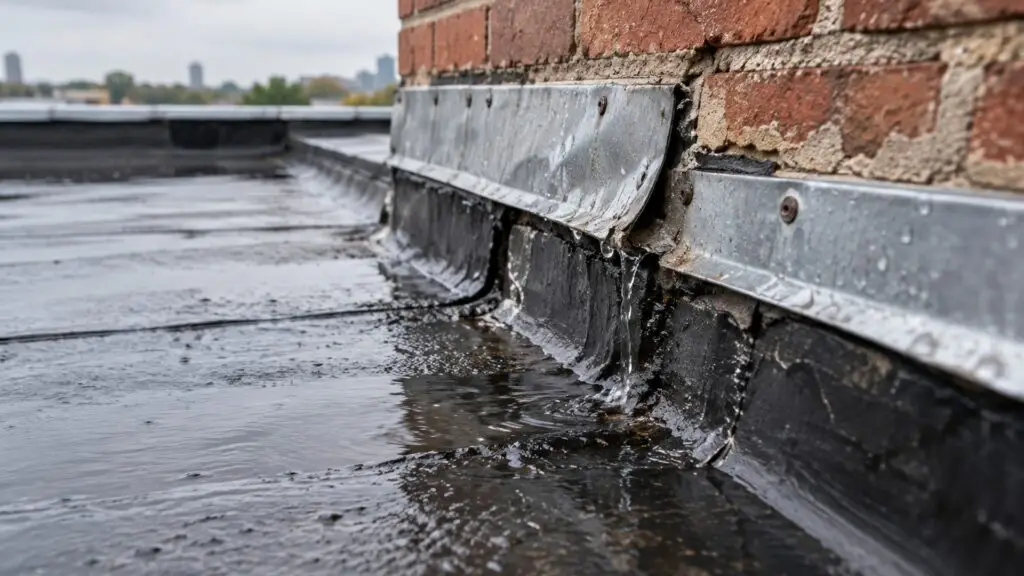 Flat roof leaking where it meets wall due to damaged flashing and deteriorated roof-to-wall connections