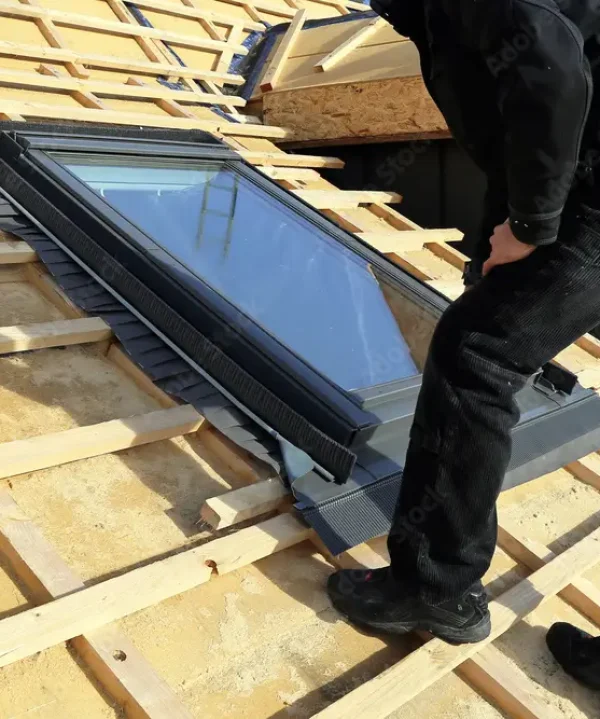 A person in black clothing is installing or inspecting a skylight window on a wooden roof frame under construction. The roof is covered in wooden battens, and the sun is shining on the structure. Dominion Roofing | BRAMPTON | BURLINGTON | ETOBICOKE | MARKHAM | MISSISSAUGA | NORTH YORK | OAKVILLE | RICHMOND HILL | Scarborough | TORONTO | VAUGHAN | dominionroofing.com | Phone Number: 416-789-0601