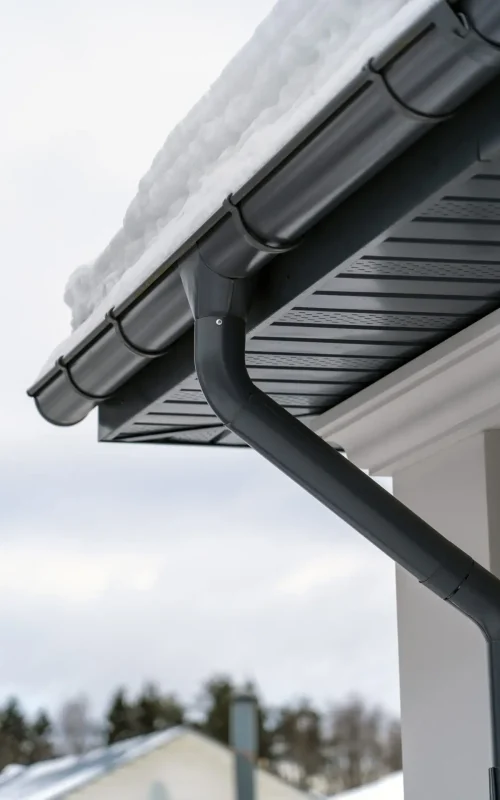 A snow-covered roof showcases a metal gutter and downspout system, expertly installed by Residential Eavestrough & Downpipe Services, against a cloudy sky. The downspout effectively directs water away, with trees and a blurred building in the background. Dominion Roofing | BRAMPTON | BURLINGTON | ETOBICOKE | MARKHAM | MISSISSAUGA | NORTH YORK | OAKVILLE | RICHMOND HILL | Scarborough | TORONTO | VAUGHAN | dominionroofing.com | Phone Number: 416-789-0601