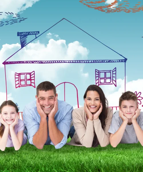 A family of four lies on a grassy field, smiling with their heads propped on their hands. Behind them is a hand-drawn image of a house, complete with flowers, clouds, and a sun against a blue sky. Dominion Roofing | BRAMPTON | BURLINGTON | ETOBICOKE | MARKHAM | MISSISSAUGA | NORTH YORK | OAKVILLE | RICHMOND HILL | Scarborough | TORONTO | VAUGHAN | dominionroofing.com | Phone Number: 416-789-0601