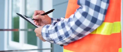 A person wearing an orange safety vest and a plaid shirt writes on a clipboard, likely conducting a commercial roof inspection. They stand in front of a building with large windows, reinforcing the setting as a bustling inspection site. Dominion Roofing | BRAMPTON | BURLINGTON | ETOBICOKE | MARKHAM | MISSISSAUGA | NORTH YORK | OAKVILLE | RICHMOND HILL | Scarborough | TORONTO | VAUGHAN | dominionroofing.com | Phone Number: 416-789-0601