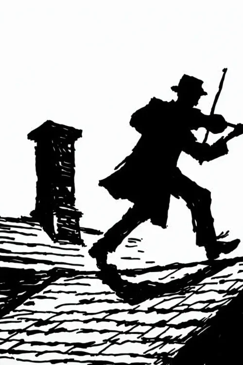 Silhouette of a person playing the violin while walking on a rooftop with a chimney. The background is a light gray, suggesting an overcast sky. Dominion Roofing | BRAMPTON | BURLINGTON | ETOBICOKE | MARKHAM | MISSISSAUGA | NORTH YORK | OAKVILLE | RICHMOND HILL | Scarborough | TORONTO | VAUGHAN | dominionroofing.com | Phone Number: 416-789-0601