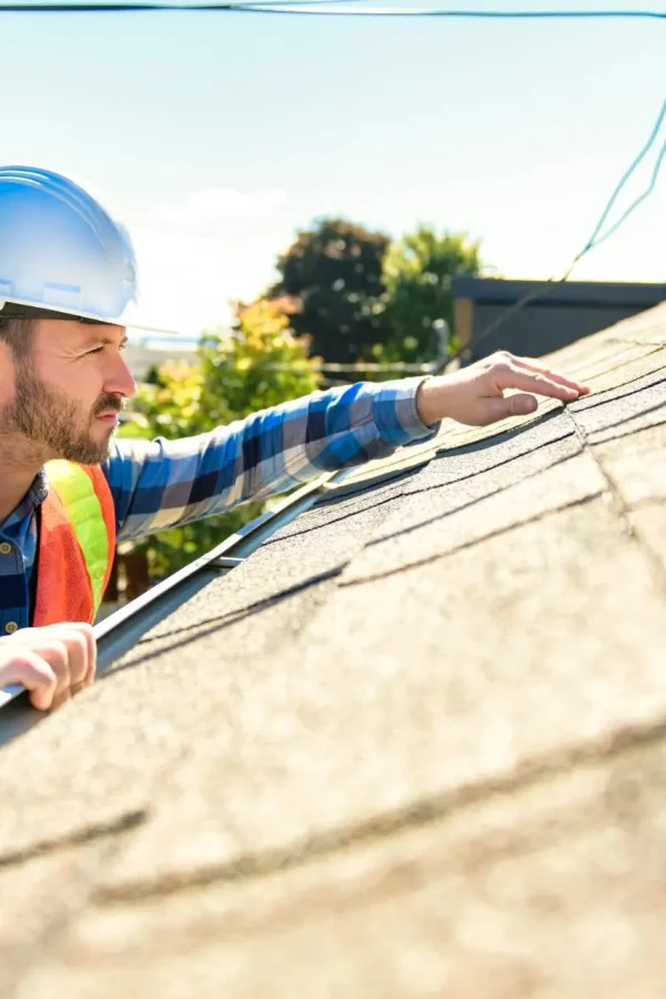A worker wearing a safety vest and helmet inspects the residential shingle roofing, using a measuring tool. The setting is outdoors with trees and a clear sky in the background, ensuring everything is in top shape for homeowners. Dominion Roofing | BRAMPTON | BURLINGTON | ETOBICOKE | MARKHAM | MISSISSAUGA | NORTH YORK | OAKVILLE | RICHMOND HILL | Scarborough | TORONTO | VAUGHAN | dominionroofing.com | Phone Number: 416-789-0601