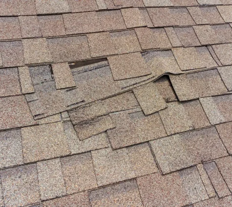 Close-up of a roof with brown asphalt shingles, showing damage where several shingles are missing or loose, exposing a rectangular area underneath. Ideal for those seeking commercial shingle roofing services, as nearby shingles appear slightly weathered and may need replacement. Dominion Roofing | BRAMPTON | BURLINGTON | ETOBICOKE | MARKHAM | MISSISSAUGA | NORTH YORK | OAKVILLE | RICHMOND HILL | Scarborough | TORONTO | VAUGHAN | dominionroofing.com | Phone Number: 416-789-0601