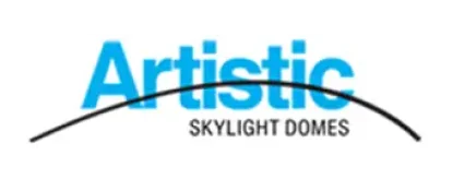 Logo of Artistic Skylight Domes featuring the word Artistic in bold blue letters above Skylight Domes in smaller black text. A black curved line arcs over the lower text. White background. Dominion Roofing | BRAMPTON | BURLINGTON | ETOBICOKE | MARKHAM | MISSISSAUGA | NORTH YORK | OAKVILLE | RICHMOND HILL | Scarborough | TORONTO | VAUGHAN | dominionroofing.com | Phone Number: 416-789-0601