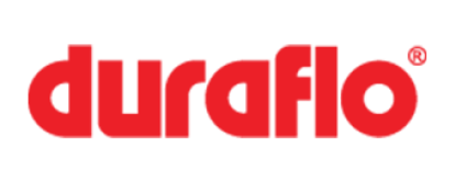 The image displays the duraflo logo in bold red lowercase letters on a transparent background. Dominion Roofing | BRAMPTON | BURLINGTON | ETOBICOKE | MARKHAM | MISSISSAUGA | NORTH YORK | OAKVILLE | RICHMOND HILL | Scarborough | TORONTO | VAUGHAN | dominionroofing.com | Phone Number: 416-789-0601