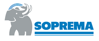 Logo with a gray cartoon elephant with a white eye and tusks. Blue waves above its head. SOPREMA in bold blue text to the right. Blue horizontal line beneath the text. White background. Dominion Roofing | BRAMPTON | BURLINGTON | ETOBICOKE | MARKHAM | MISSISSAUGA | NORTH YORK | OAKVILLE | RICHMOND HILL | Scarborough | TORONTO | VAUGHAN | dominionroofing.com | Phone Number: 416-789-0601
